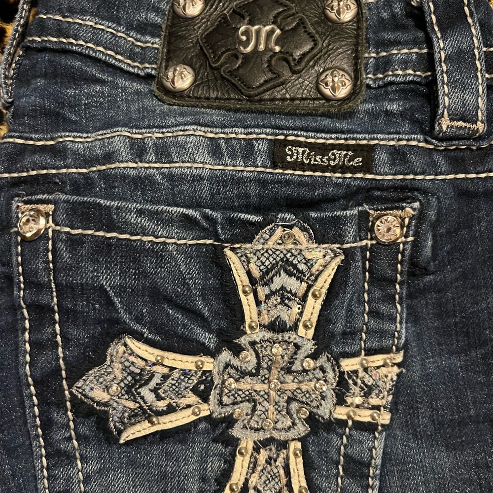Miss Me Women's straight Jeans - Dark Blue with Black and White Embellishments